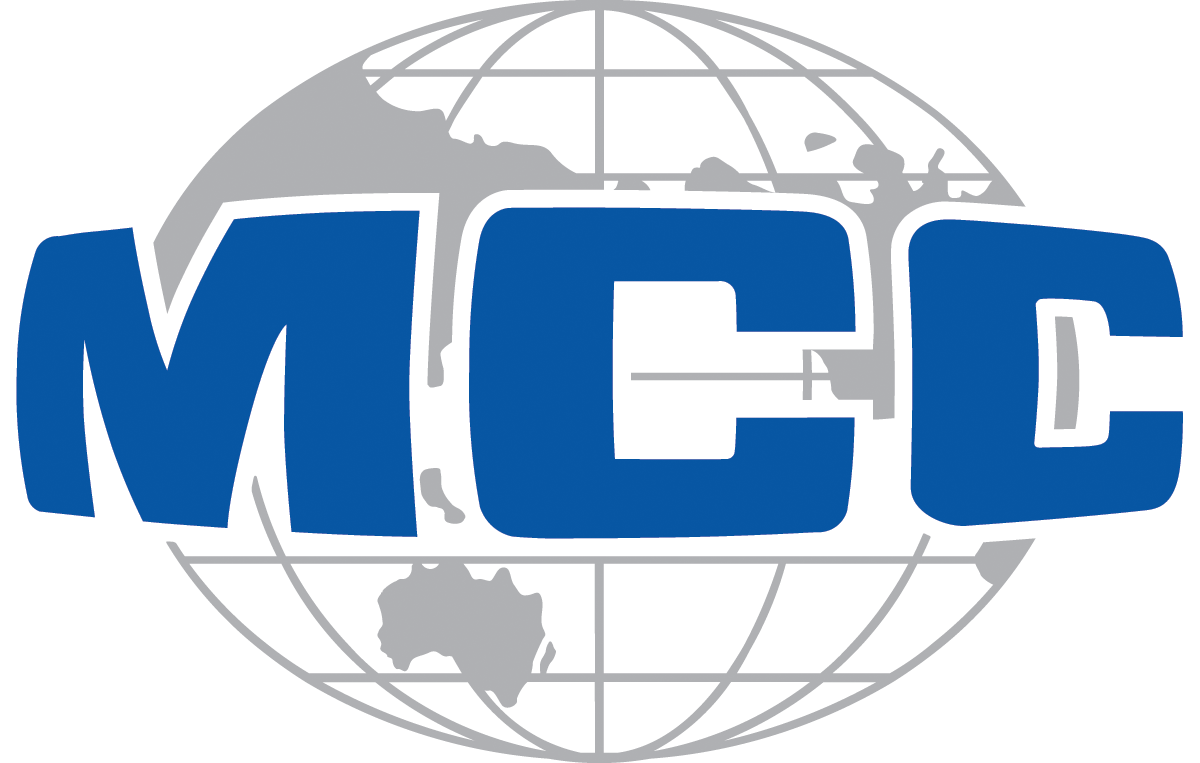 This logo of Metallurgical Group Corporation features the words ‘MCC’ in bold blue sans-serif typeface with white outlines. Behind this is a stylised vector of a globe in grey.