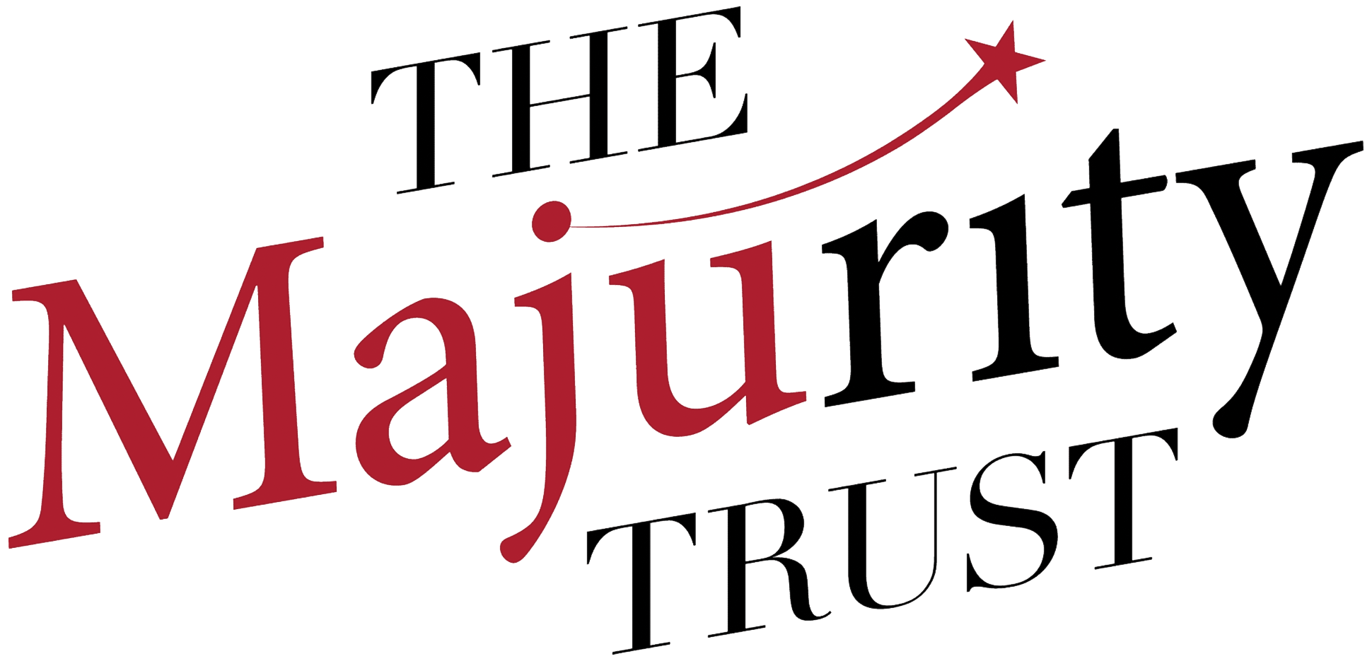 This logo of Majurity features the words ‘THE Majurity TRUST’ in predominantly black serif typeface; only the letters ‘Maju’ are in red, with a star connected by a curve to the ‘j’.