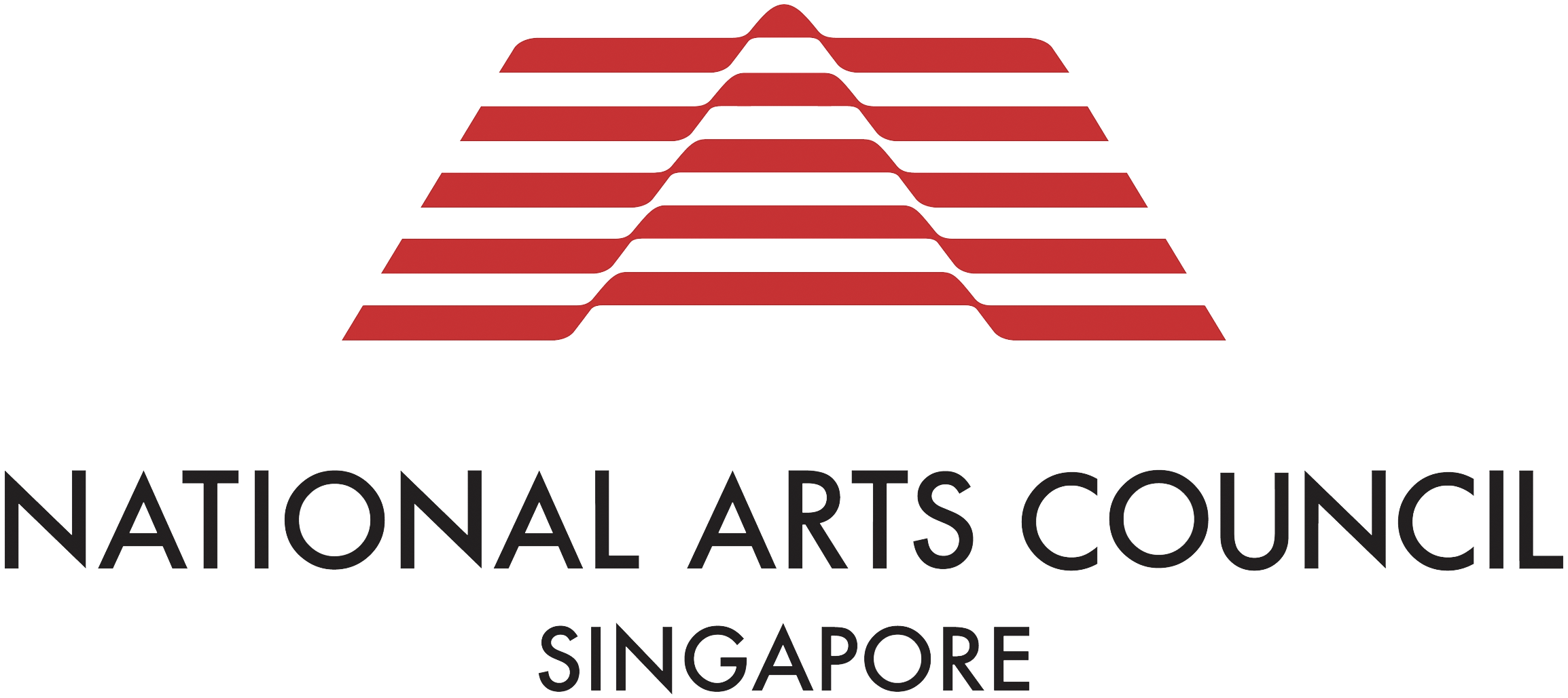 This logo of NAC features an arrow pointing upwards with alternating bands of red and white. Below this are the words ‘NATIONAL ARTS COUNCIL SINGAPORE’ in black sans-serif typeface.
