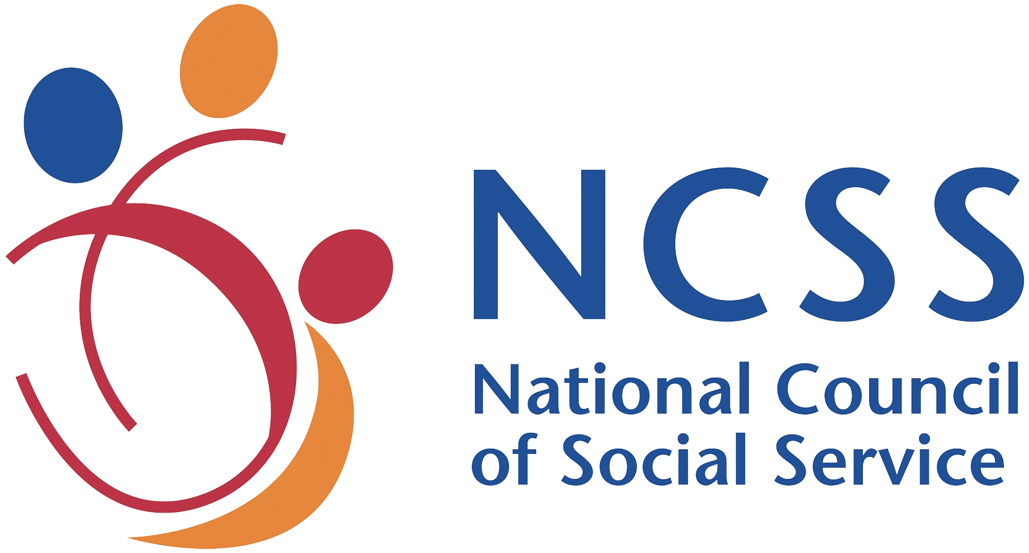 This logo of NCSS features two intertwined red curves and three dots, each in blue, orange and red. Beside this are the words ‘NCSS’ and ‘National Council of Social Service’ in blue sans-serif typeface.