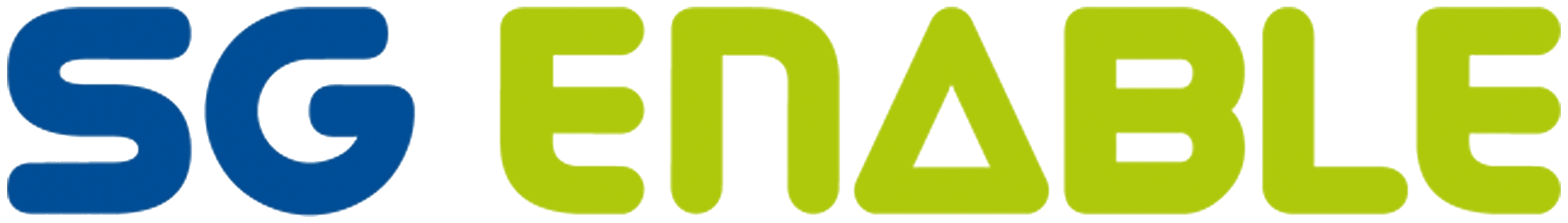 This logo of Singapore Enable features the words ‘SG’ in blue and ‘ENABLE’ in lime green. The typeface is a stylised block sans-serif typeface with thick curves.