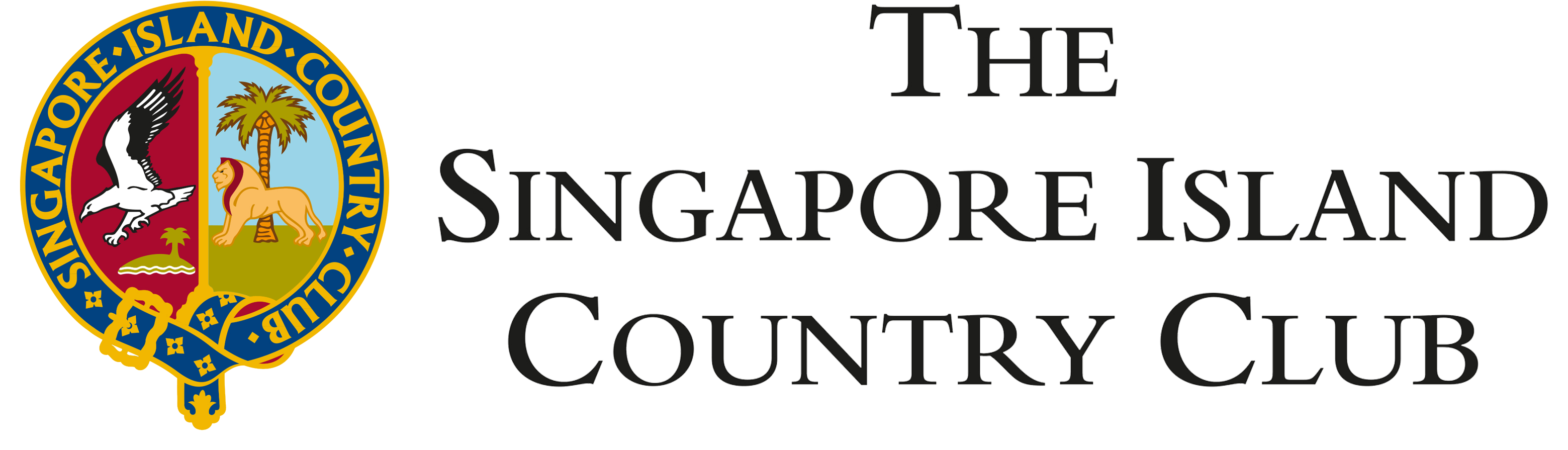 This logo of SICC features a crest that is split in the middle, with an eagle against a red background on the left and a lion with a palm tree on the right. Accompanying this is the words ‘The Singapore Island Country Club’ in dark grey serif typeface.