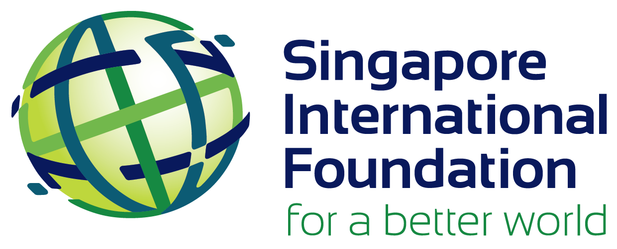 This logo of SIF features a lime green stylised globe with blue lines running vertically and horizontally across, and the words ‘Singapore International Foundation’ in blue sans-serif typeface and the tagline ‘for a better world’.