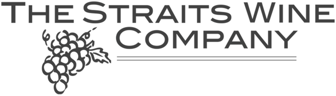 This logo of Straits Wine features the words ‘THE STRAITS WINE COMPANY’ in title-caps and a grey, sans-serif typeface. By the side is a vector illustration of a cluster of grapes.