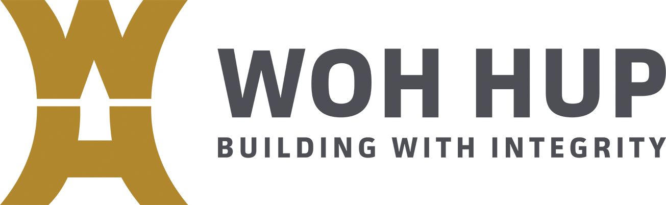 This logo of Woh Hup features two stylised ‘W’ and ‘H’ stacked above one another in gold to resemble a tall tower-like building. Beside this are the words ‘WHO HUP, BULIDING WITH INTEGRITY’ in grey sans-serif typeface.