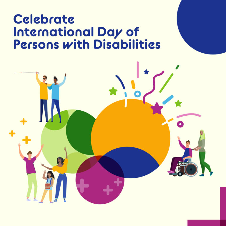 This image features a graphic of venn diagrams, with a visually impaired person, a wheelchair user, their caregivers and a family of non-disabled surrounding it.